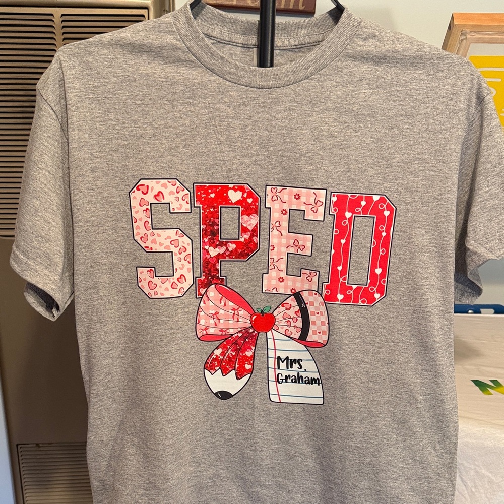 Gray Tee with Pink & Red 'SPED' Graphic